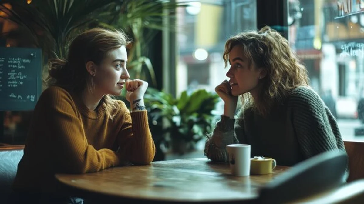 friends having a deep face-to-face conversation in a cozy cafe