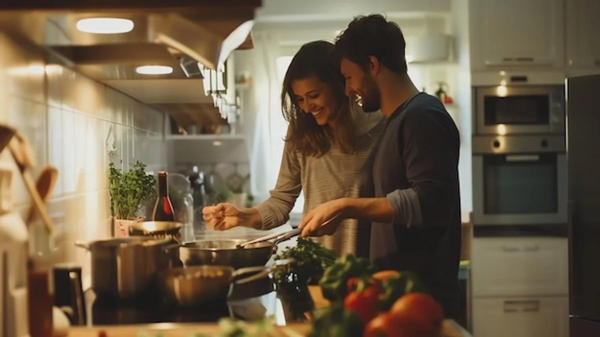 Couple laughing together in kitchen