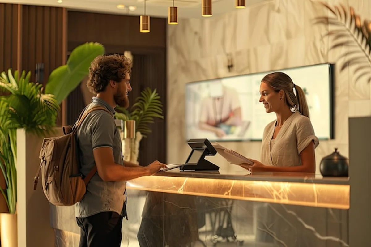 happy couple getting hotel room upgrade at reception