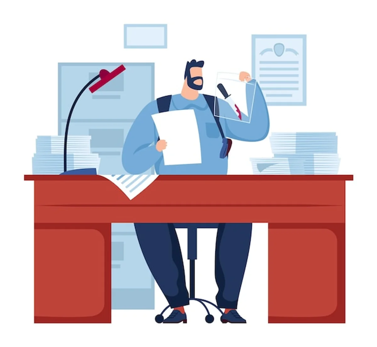 overwhelmed office worker multitasking desk