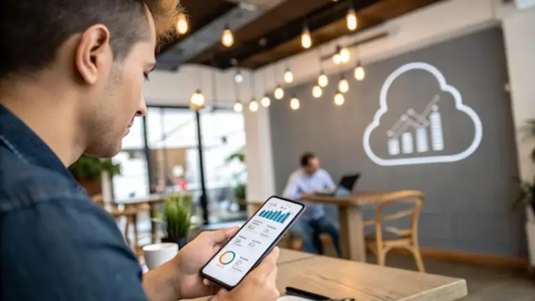 person using smartphone productivity apps modern workspace
