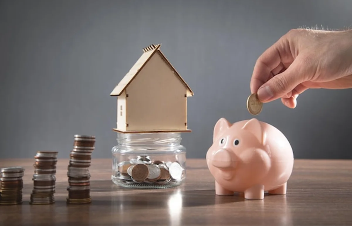 Hand putting coins into a small piggy bank on a table with everyday items