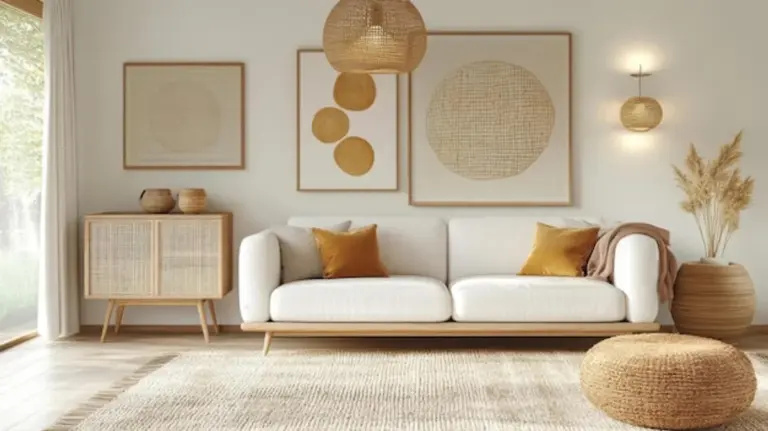 feng shui cozy modern living room with plants and natural light