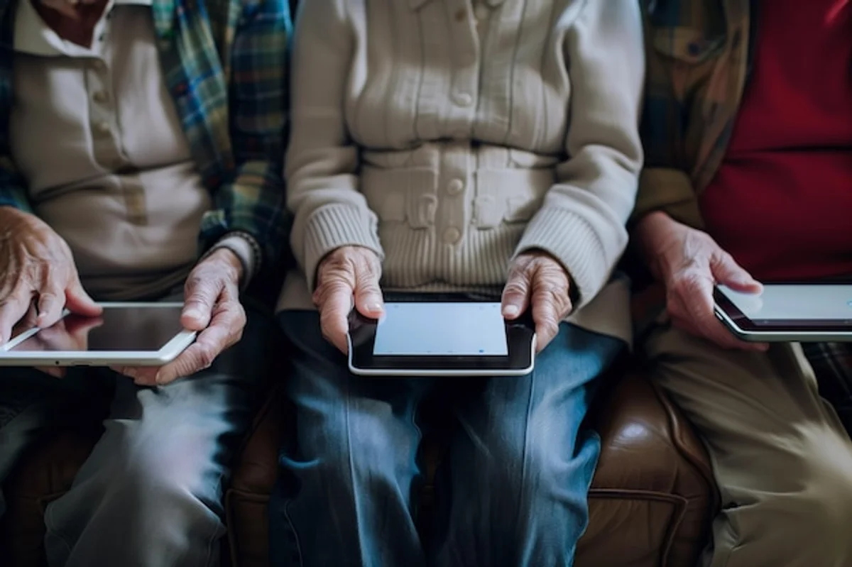 older man and woman holding smartphone together learning