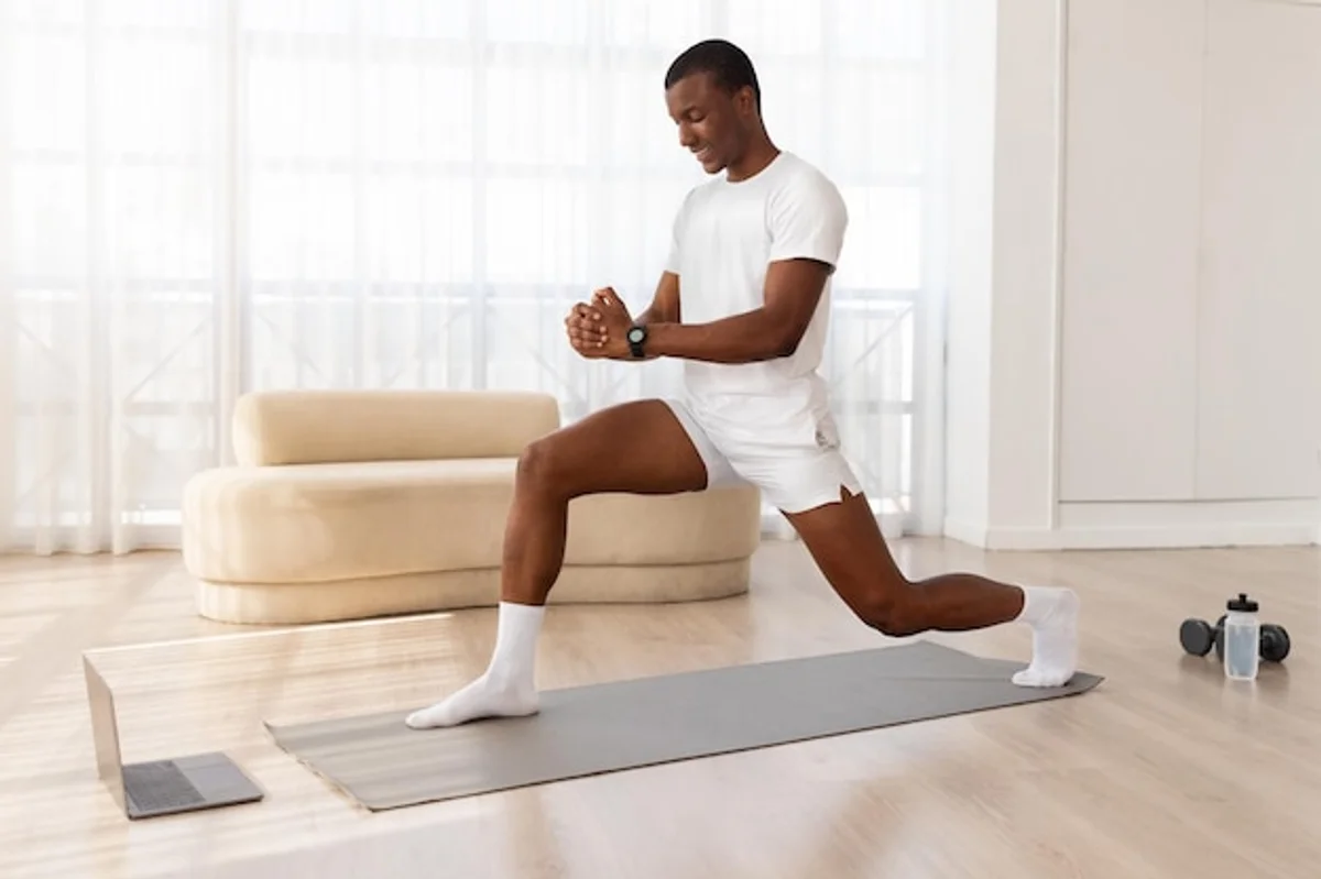 man doing push ups at home minimalist apartment