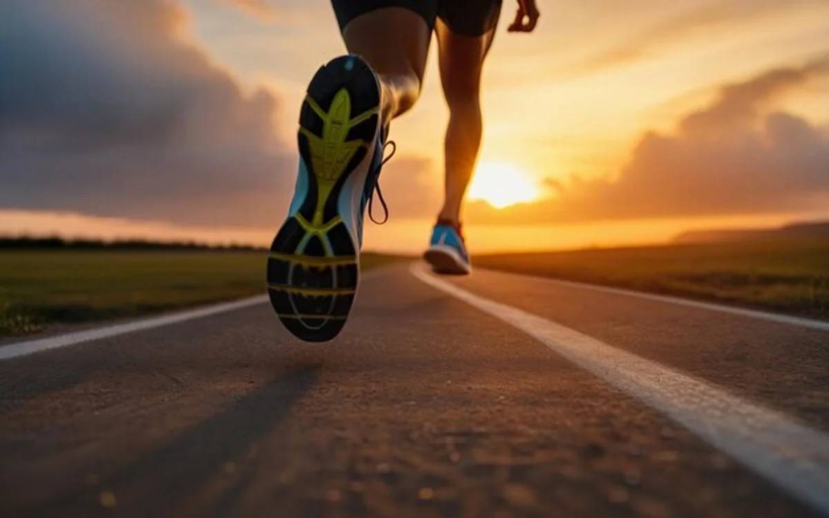 runner on asphalt street close up, focus on feet, urban background, daylight