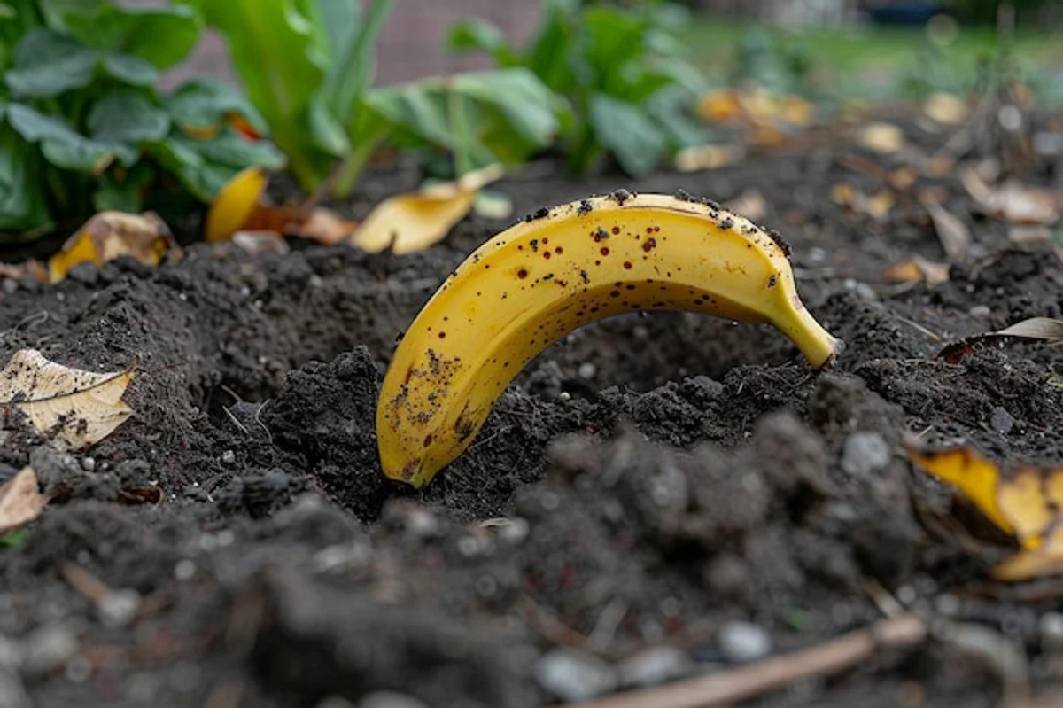 herb garden with banana peels in soil