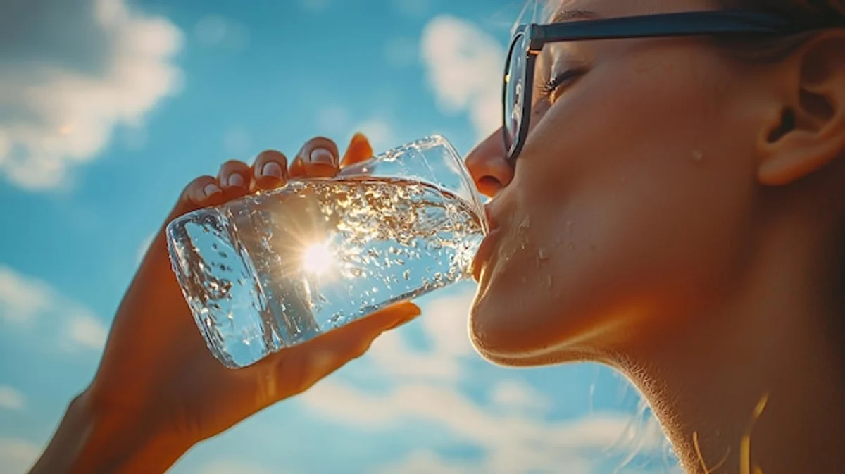 woman drinking water in the morning sunshine