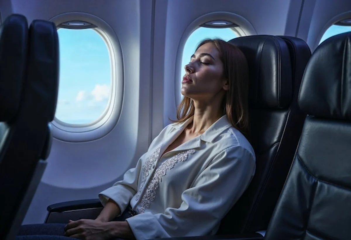 woman relaxing on bus journey, german countryside window view