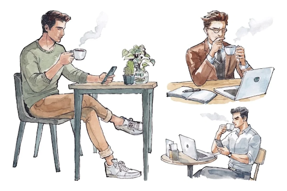 adult sketching in a cafe with coffee and notebook