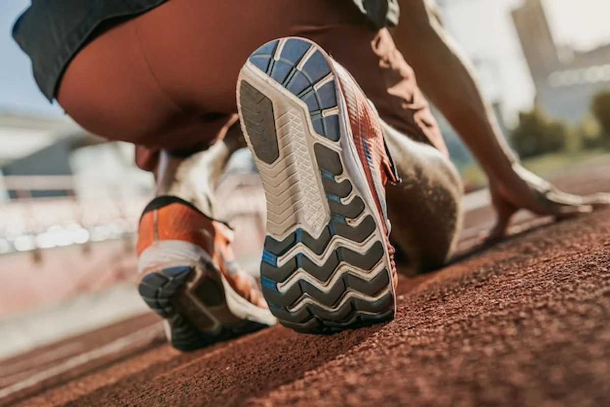 close up running shoes active jogger correct foot stride