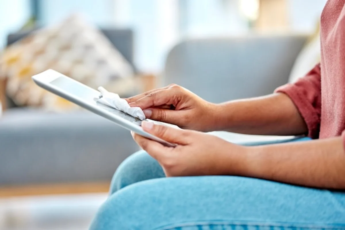 cleaning tablet screen with microfiber cloth