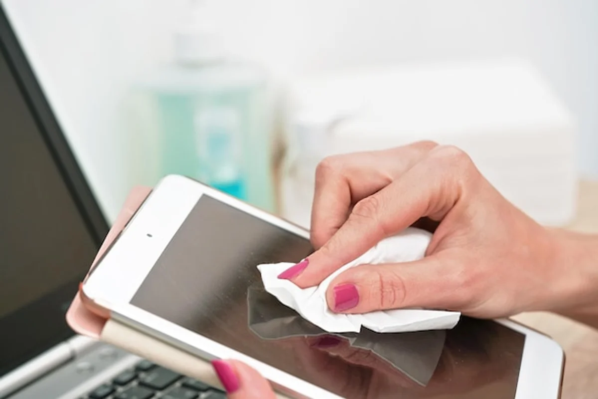 close up tablet display before after cleaning