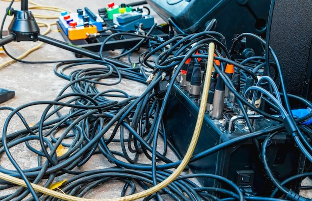 messy tech cables living room