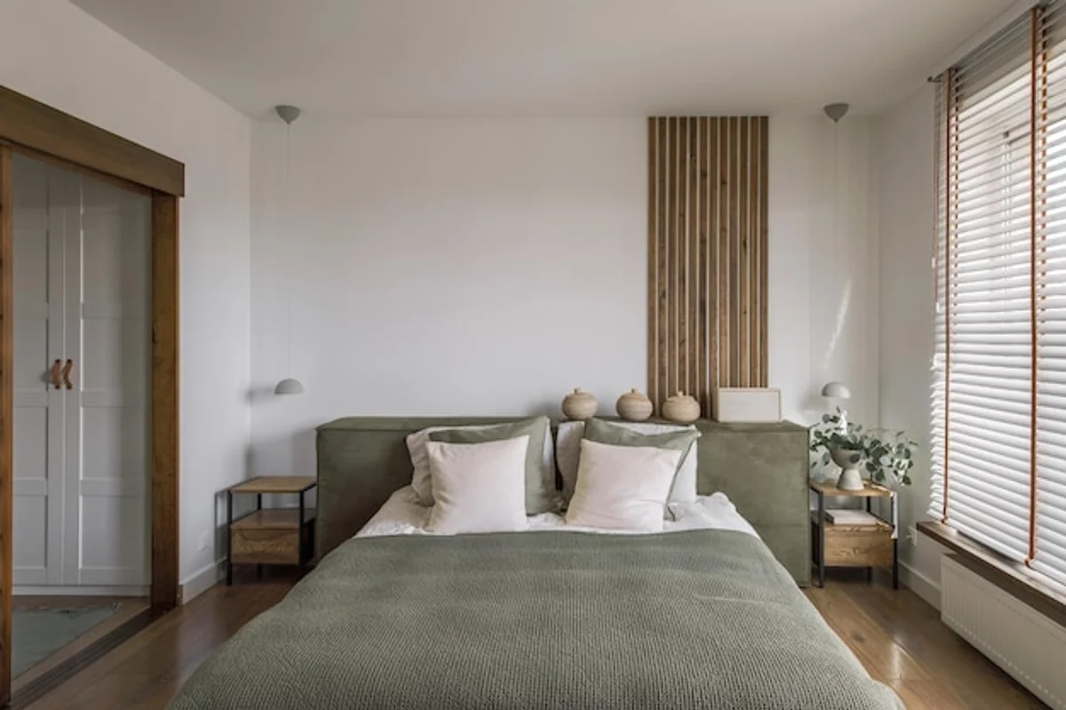 minimalist bedroom double bed harmonious feng shui detail