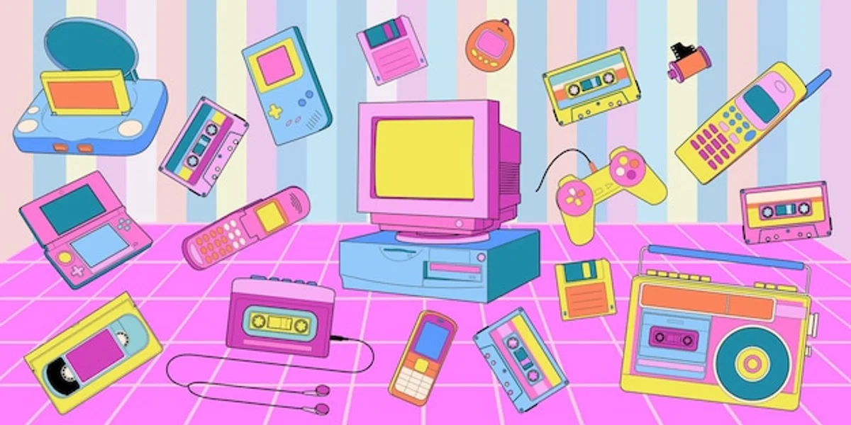 vintage sticker album with modern digital devices