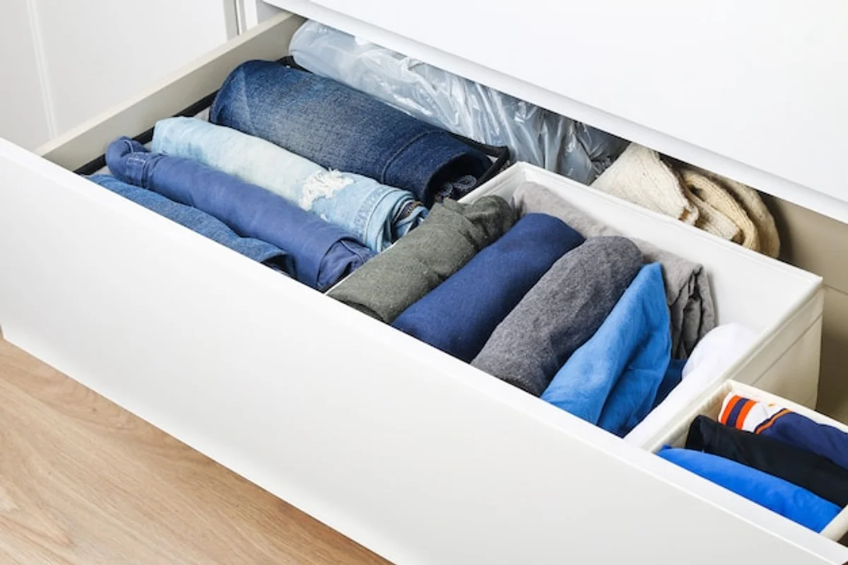 folded shirts organized vertically in drawer marie kondo method