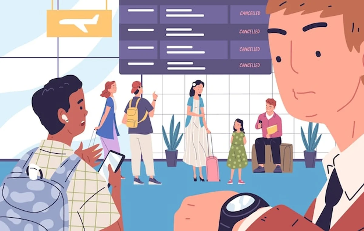 Frustrated traveler looking at many flight options on smartphone