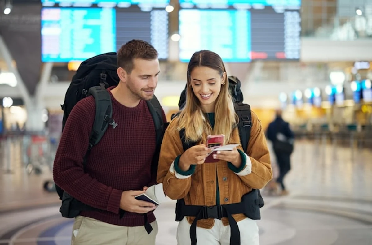 Excited couple using travel app on smartphone at airport