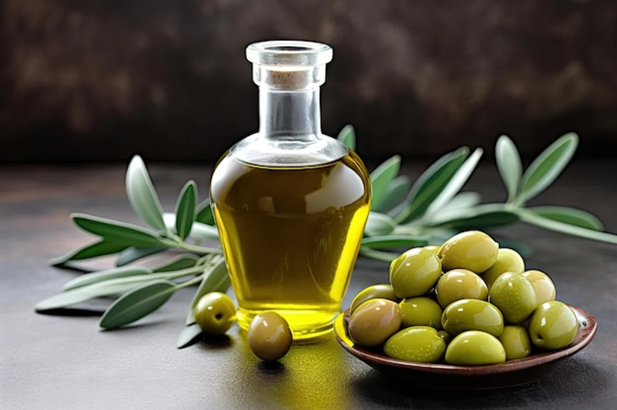 olive oil bottle with fresh olives in modern kitchen
