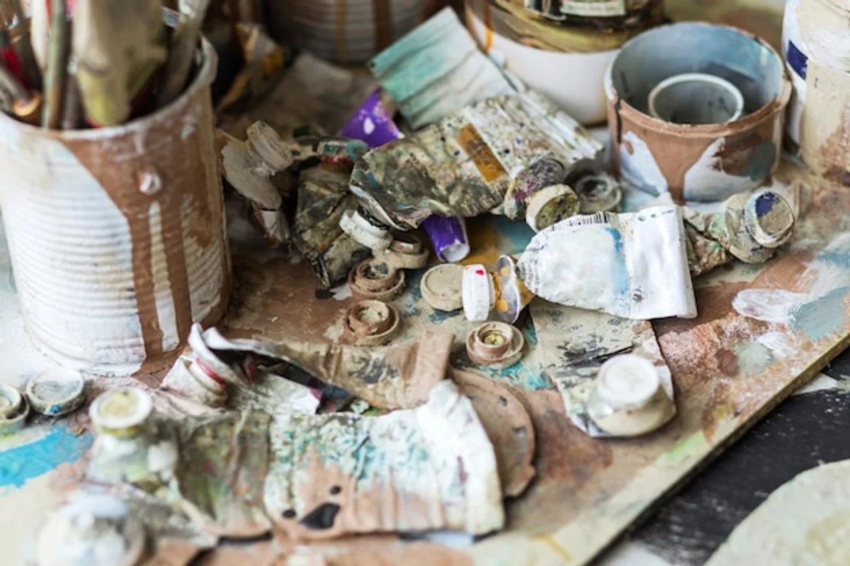 old paint tubes on artist table creative home project