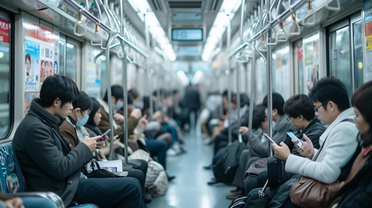 commuters smartphone subway chatting disconnected