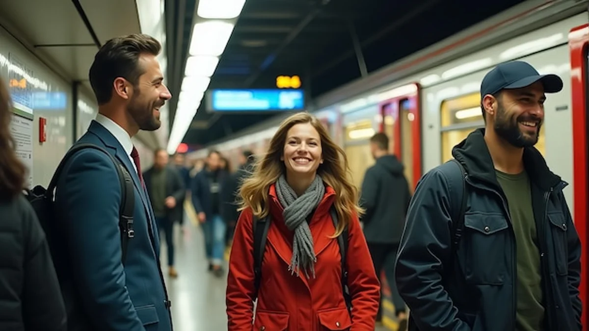 friendly subway conversation real people not using smartphones