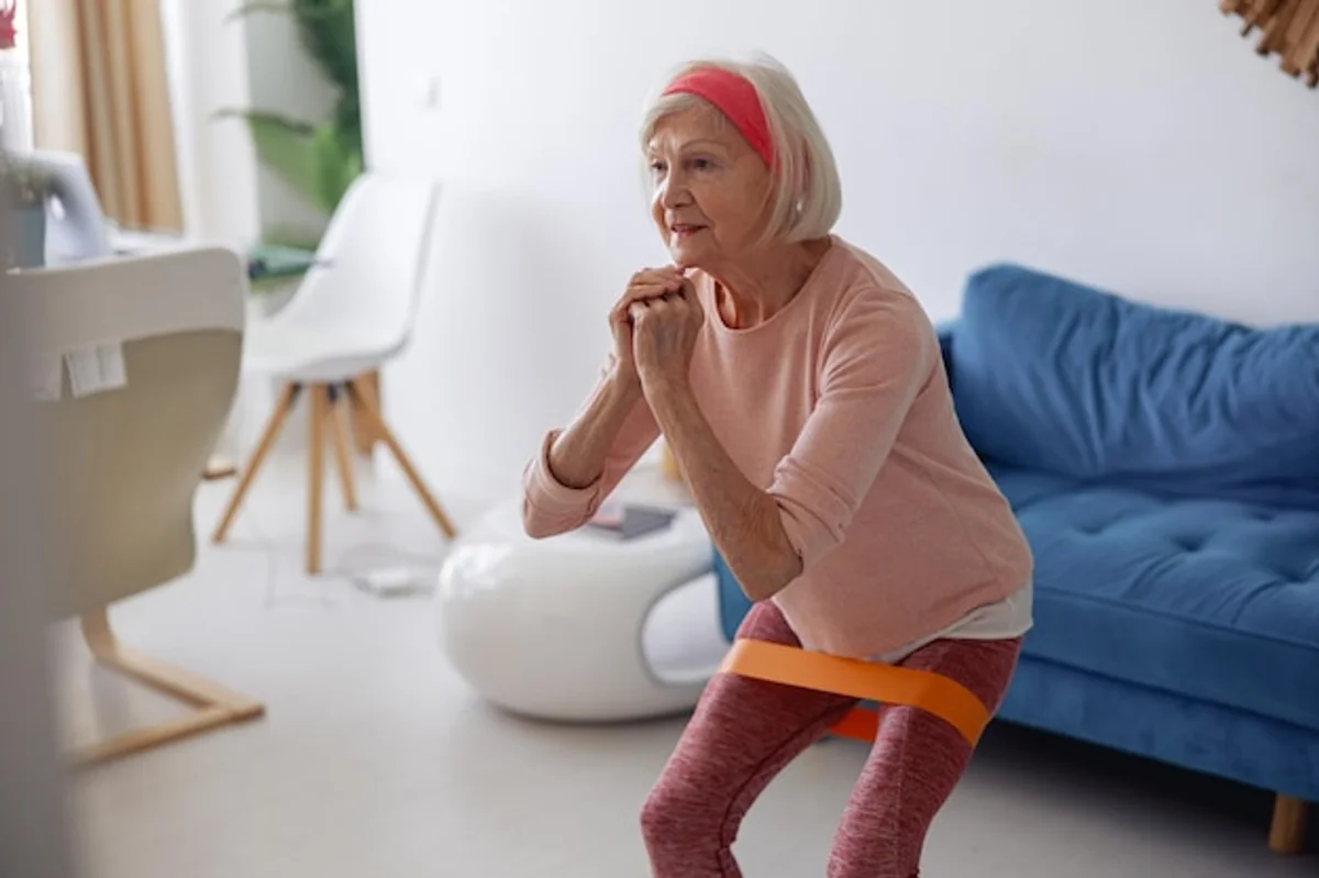 seniors exercising with chair at home
