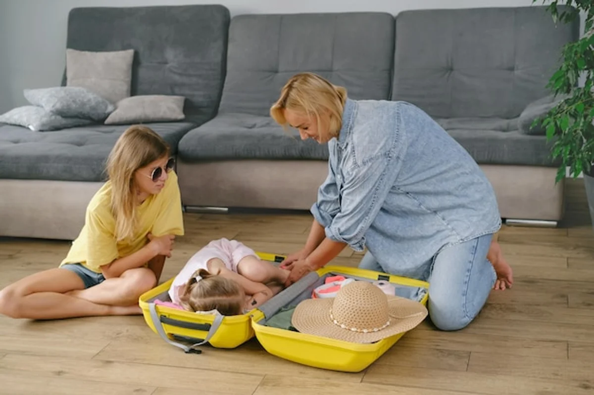 family packing suitcase living room funny kids