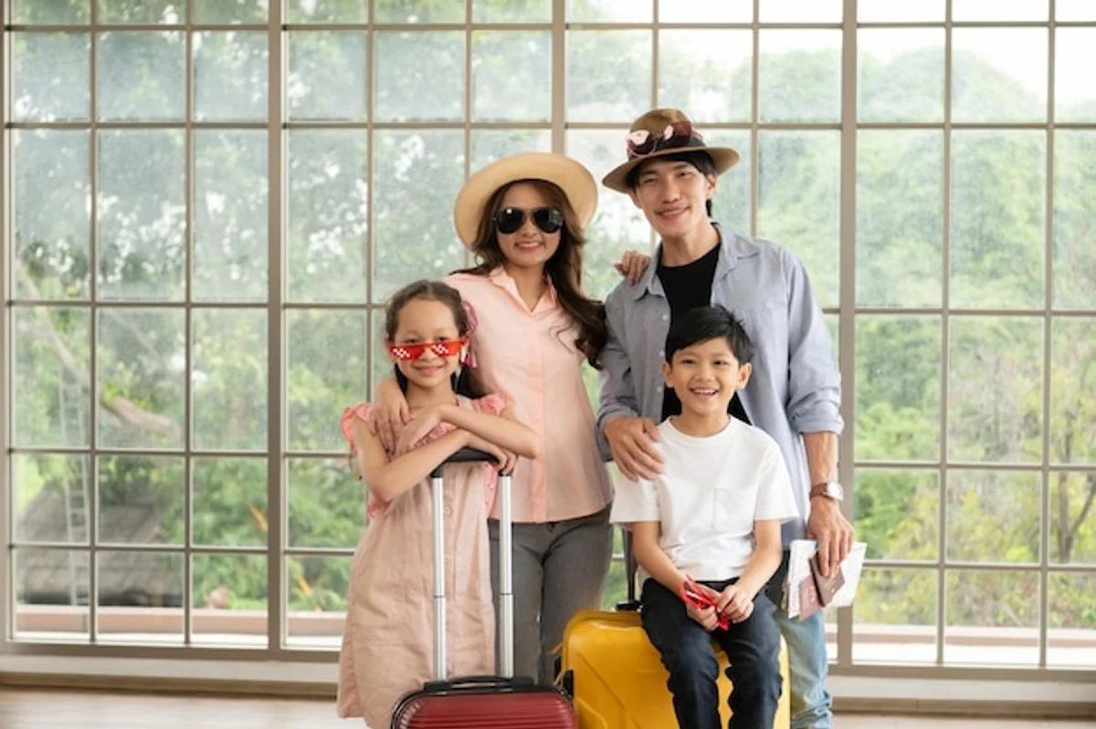 happy family ready travel packed luggage kids parents vacation