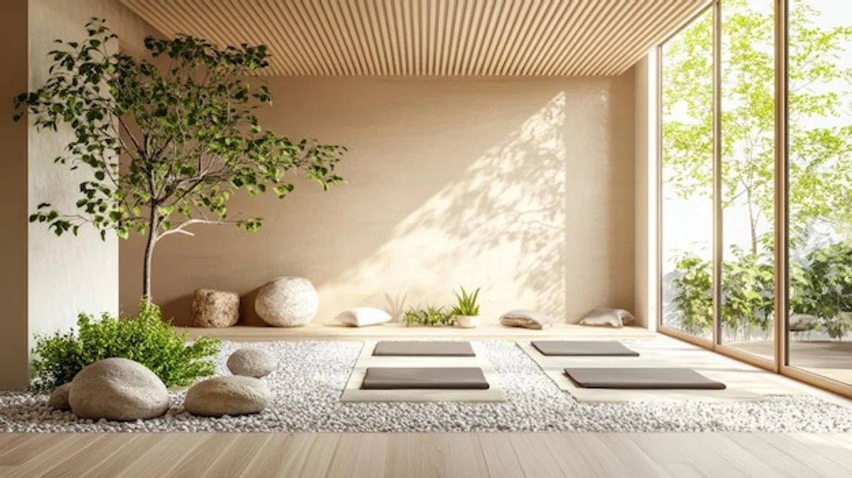 modern feng shui home gym with plants and natural light
