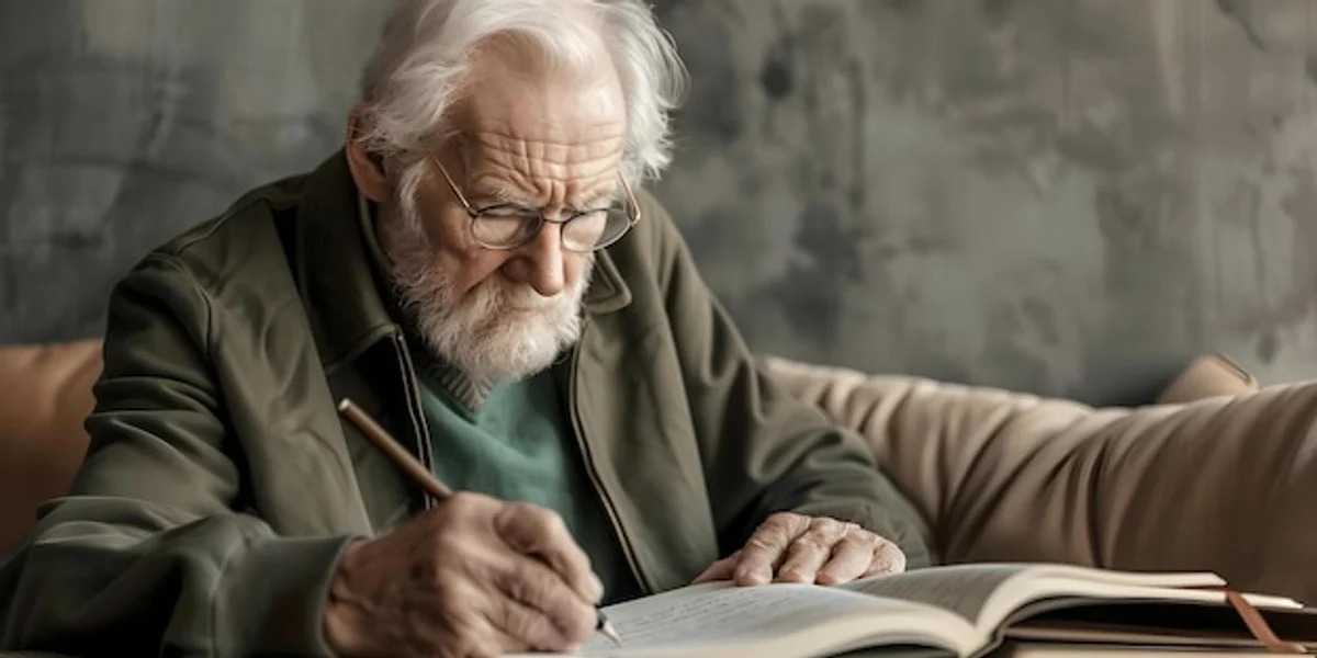 elderly hands writing creative story at home