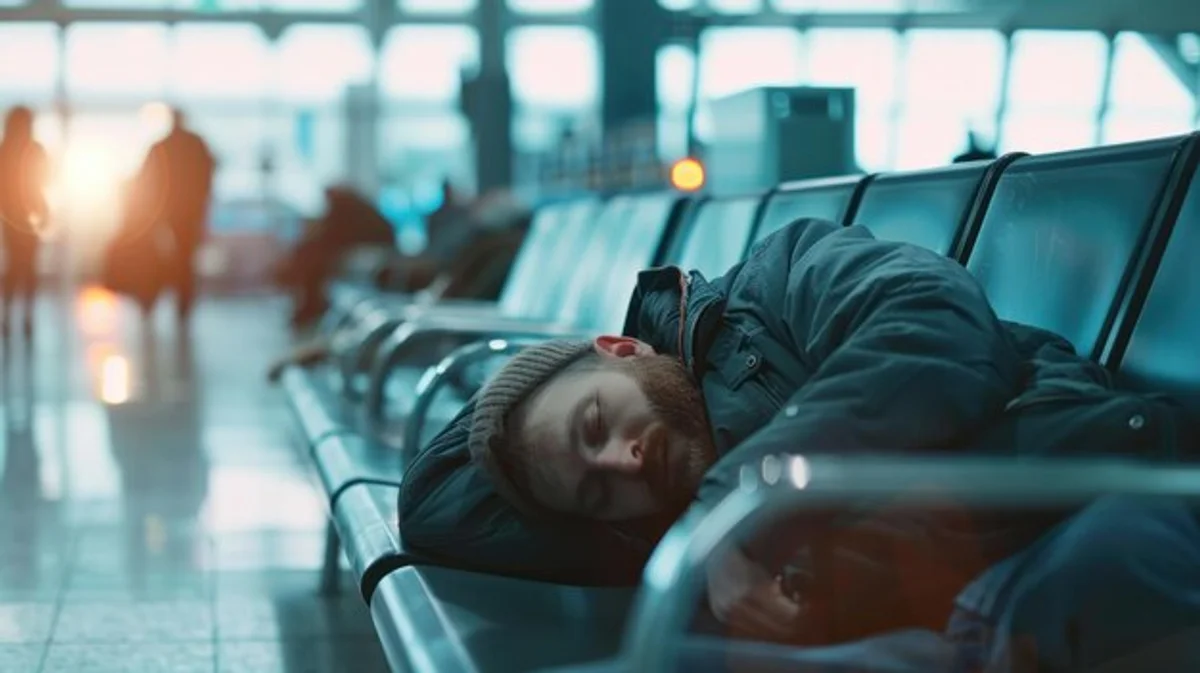 tired traveler sleeping at airport bench