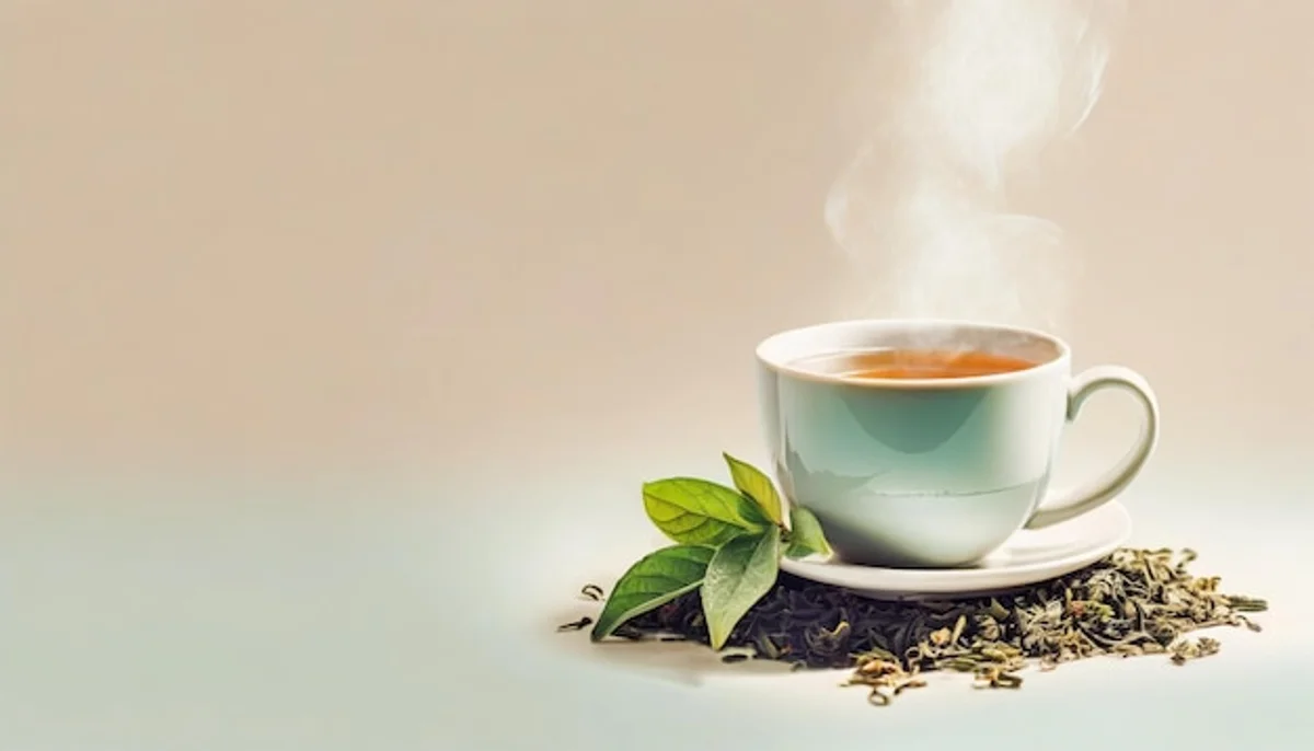 green tea cup with teabags, fresh leaves, natural light, close up