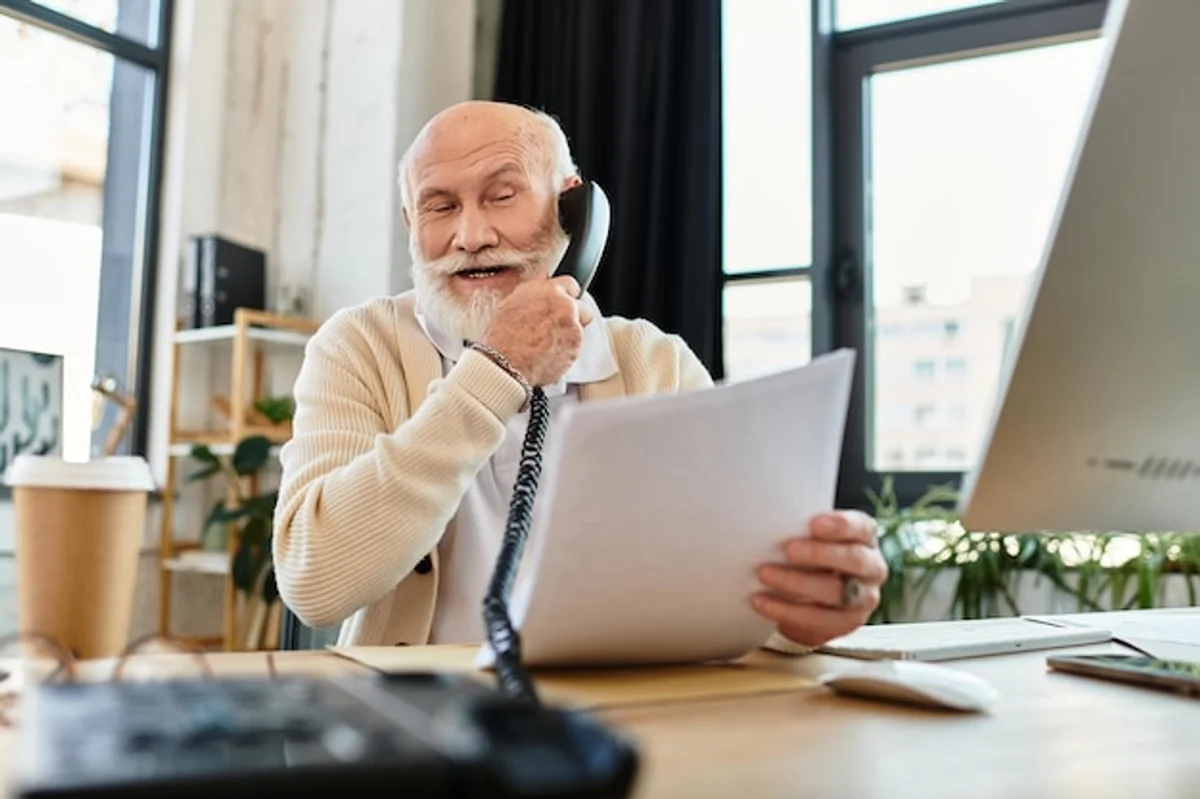 senior using tablet indoors well-lit friendly atmosphere