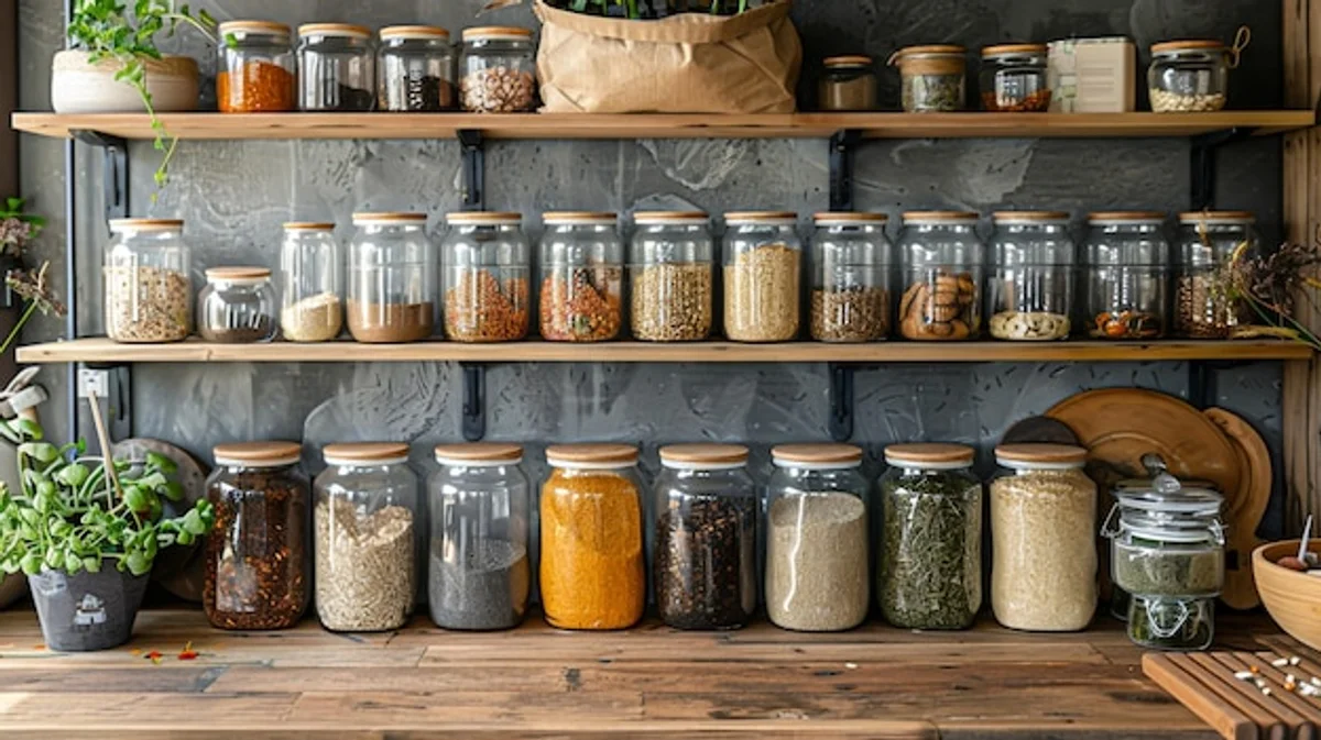 spice jars organized in kitchen shelf glass upcycling