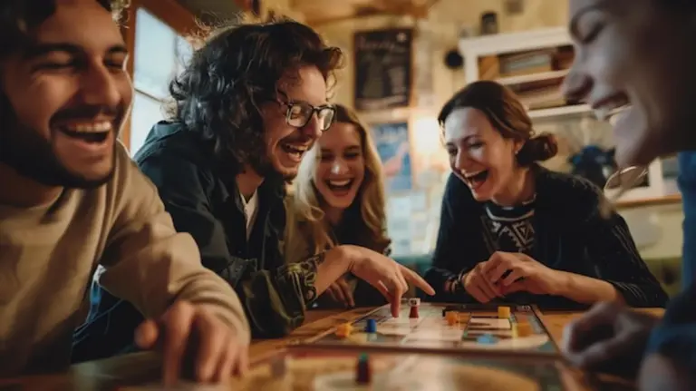 german friends laughing deep conversation table
