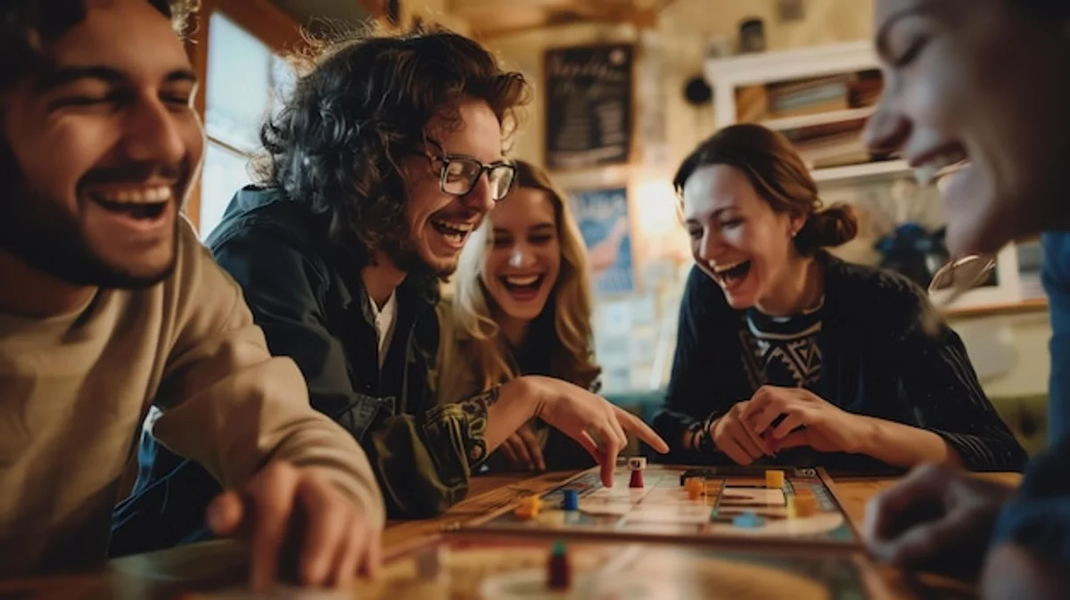 german friends laughing deep conversation table