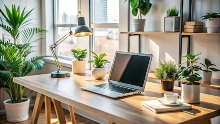 modern feng shui home office with plants and natural light