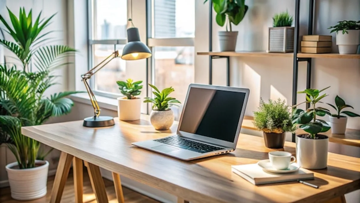 modern feng shui home office with plants and natural light