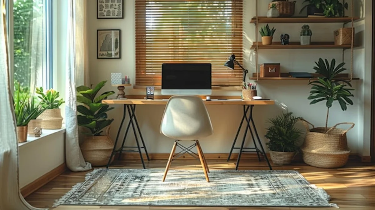 feng shui home office workspace minimal light plants window