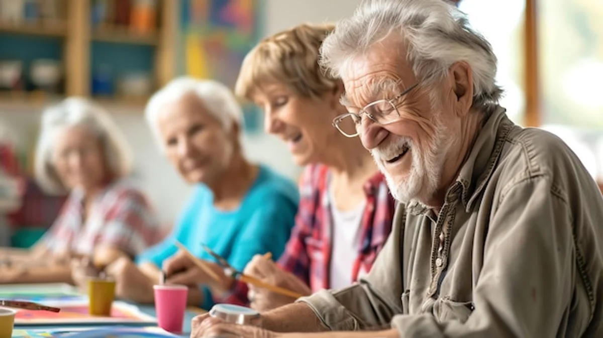 happy senior people group doing creative hobby together indoor