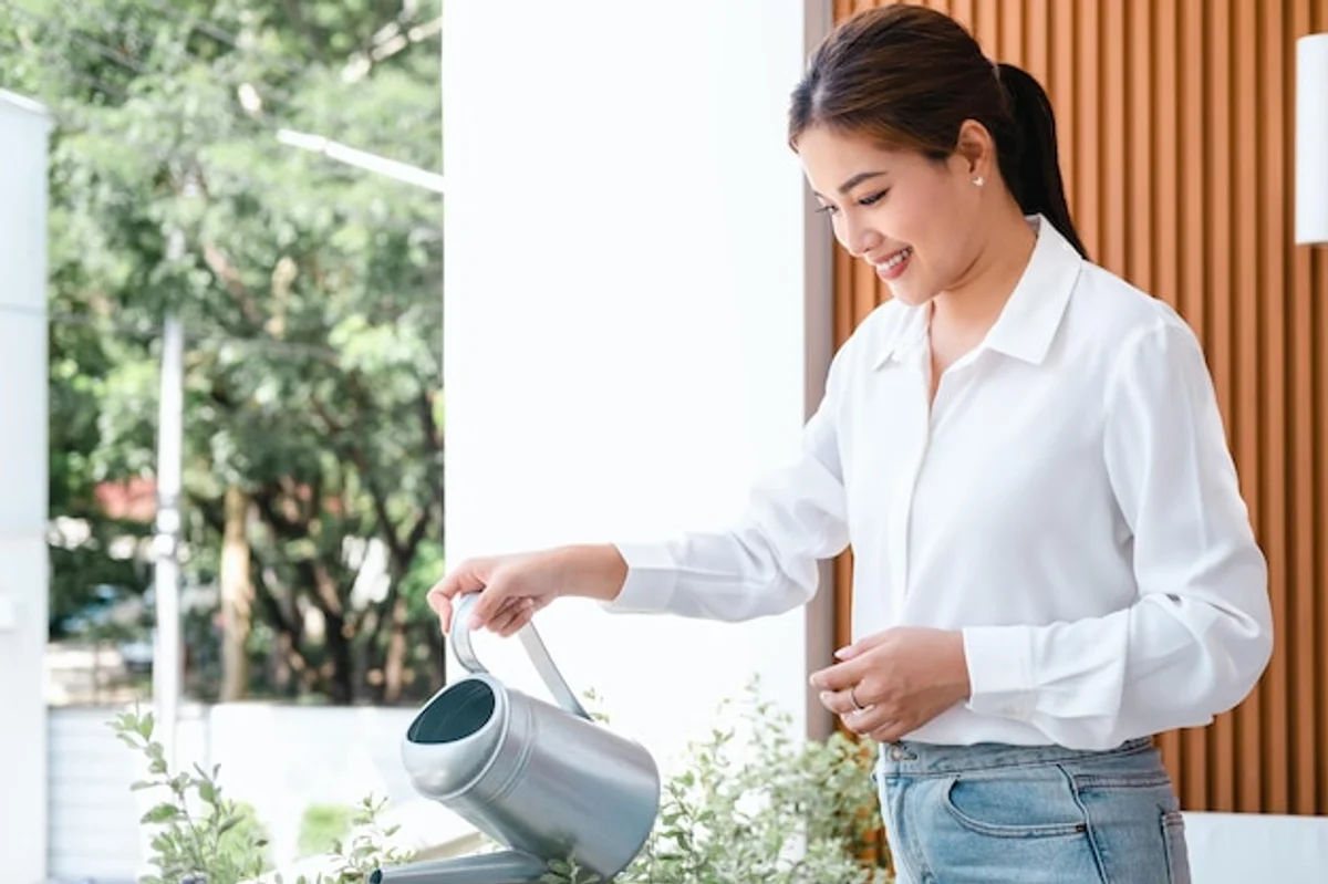 senior woman gardening on small balcony with herbs