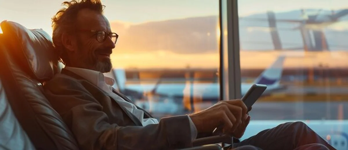 happy business traveler adapting to new time zone at sunrise